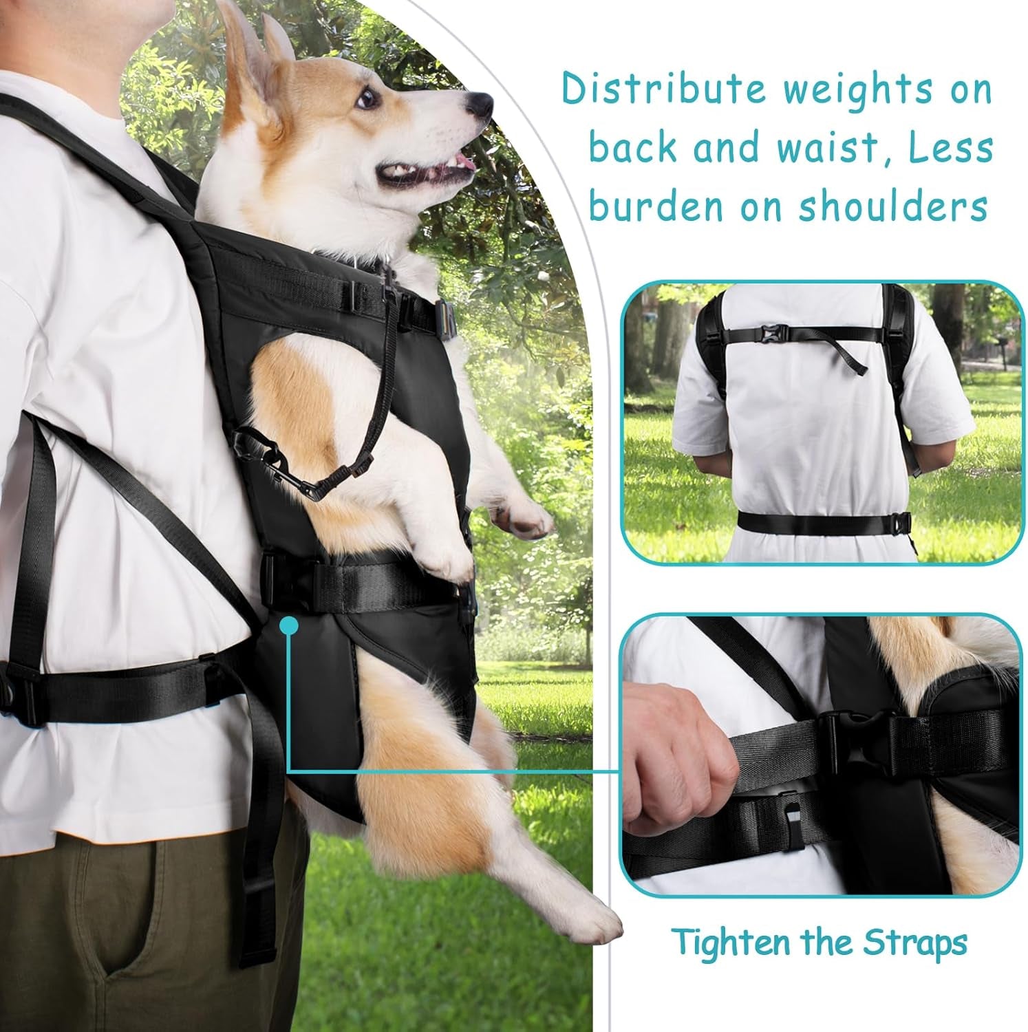 Petbonus Pet Front Dog Carrier Backpacks, Adjustable Pet Backpack, Legs Out Easy-Fit Puppy Chest Carrier for Medium Small Dogs, Hands Free for Hiking, Cycling (Black, L)