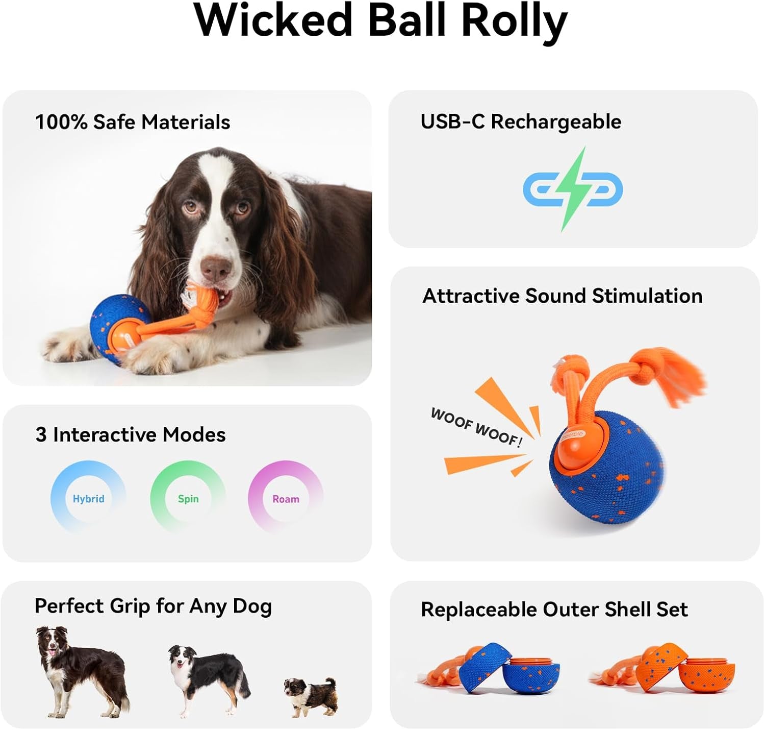 Cheerble Smart Interactive Dog Toy, Wicked Ball Rolly, Automatic Moving, Bouncing, Rotating, E-TPU Material, Active Rolling Interactive Dog Ball for Medium and Large Dogs (Blue)