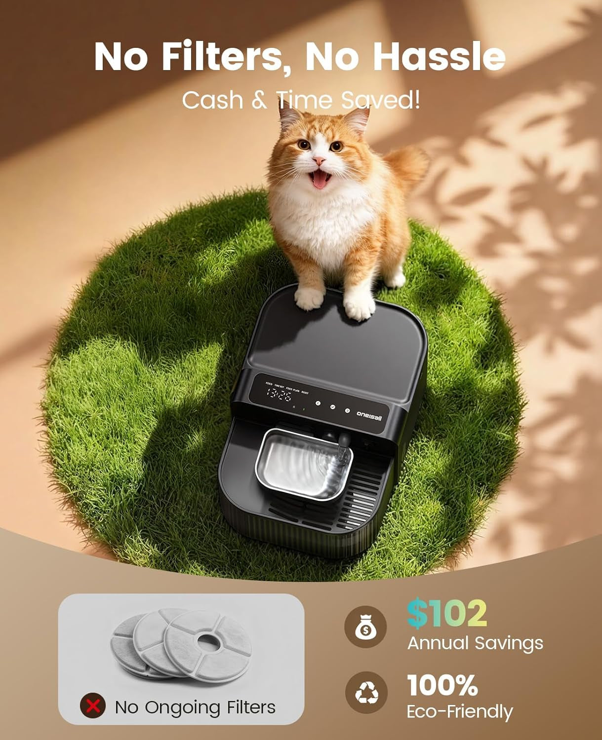Oneisall Wireless Filterless Cat Water Fountain, Separate Clean and Dirty Water Pet Fountain with Stainless Steel Bowl, 3.5L/118Oz Quiet No Filter Smart Freshfill Automatic Cat Water Dispenser, Black