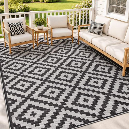 Zomfy Outdoor Rug 5X8 Ft: Washable Patio Rug Waterproof Modern Soft Non-Slip outside Geometric Rug Indoor Outdoor Floor Carpet for Camping Balcony Porch RV Backyard Living Room (Black Beige, 5'X8')