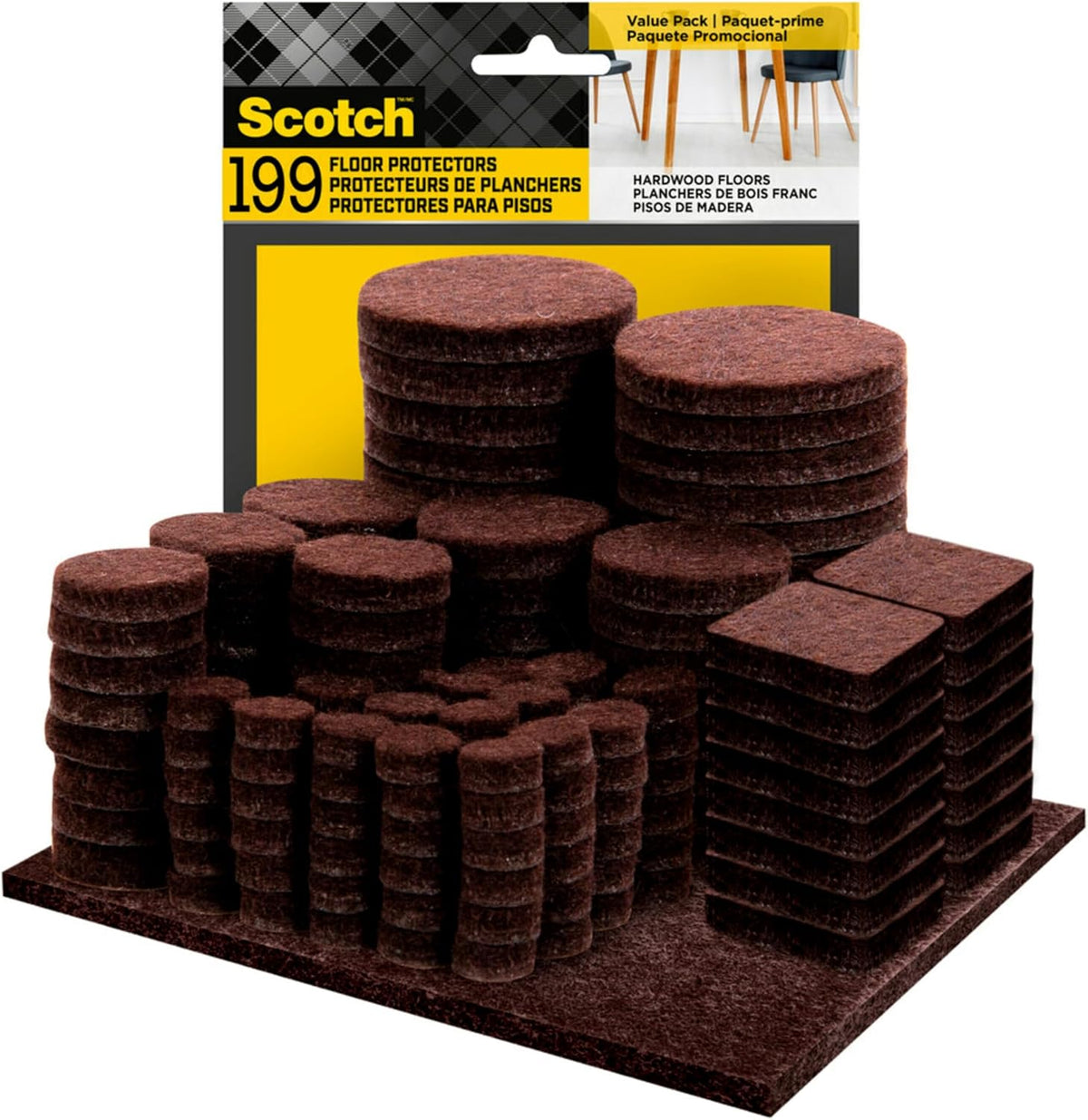 Scotch Felt Pads 199 PCS Brown, Felt Furniture Pads for Protecting Hardwood Floors, Round, Assorted Sizes Value Pack, Self-Stick Design, Protecting from Nicks, Dents and Scratches (FP847-199NA)