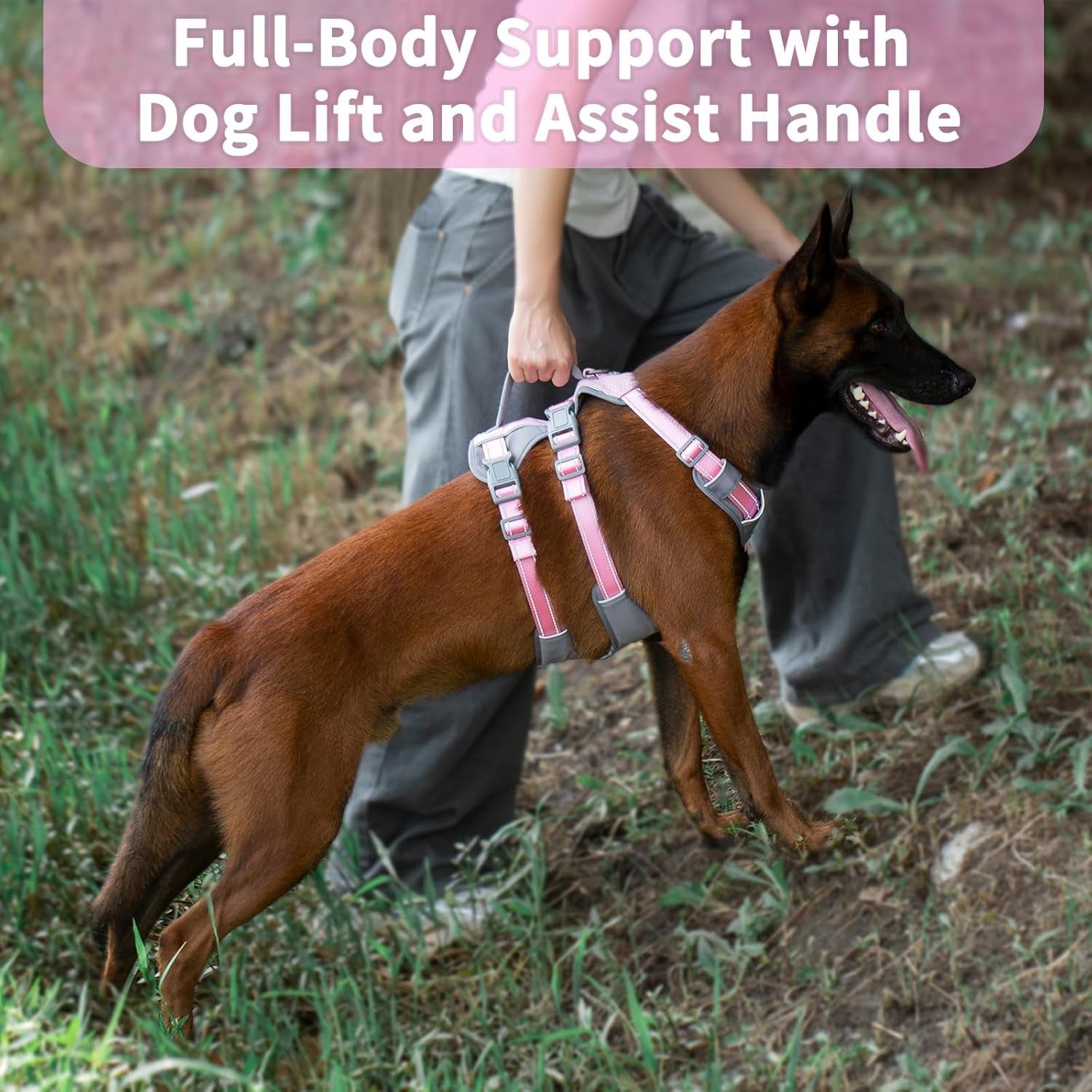 Huntboo Reflective Dog Harness with Handle, Escape Proof, No Slip, Breathable, Lightweight, Adjustable Lift Harness for Small, Medium, and Large Dogs Walking, Training, and Running Gear(Light Pink,M)