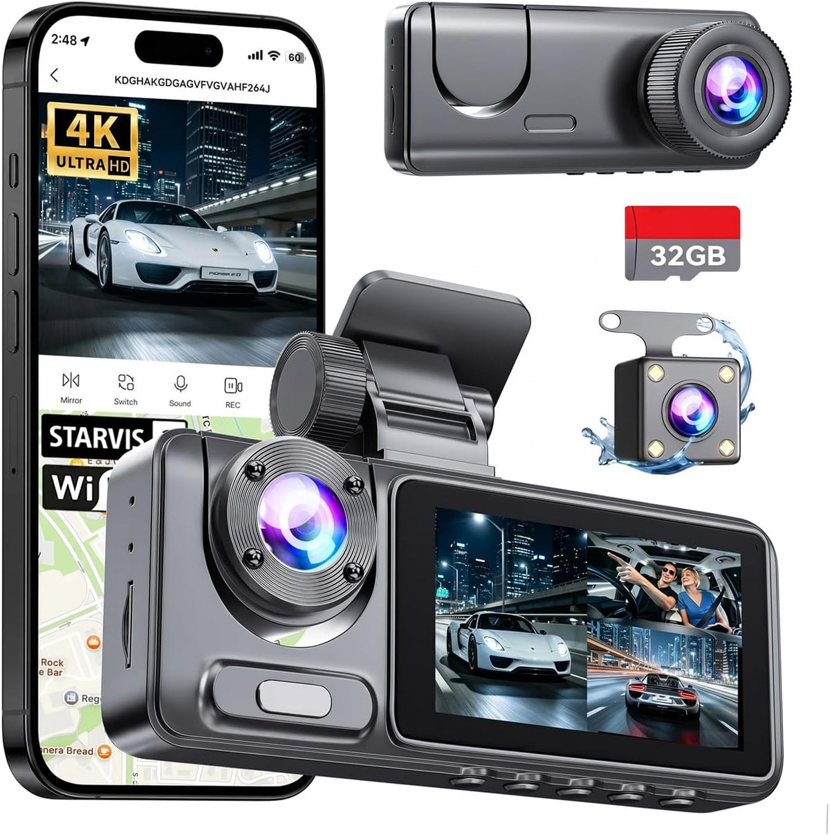 Dash Cam Front and Rear with 3 Channel, 4K Full UHD Car Camera