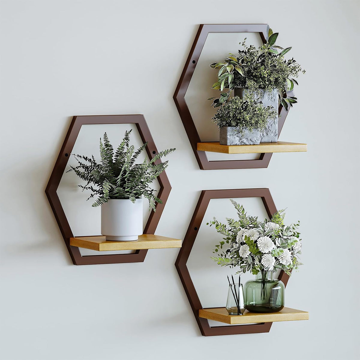 3 Pack Hexagon Wall Plant Stands, 9 Inch Wood Shelf, Coffee