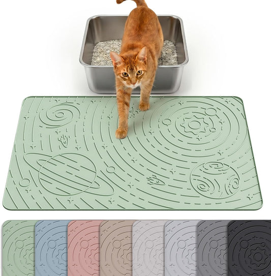 OHMO Cat Litter Mat Medium 23.6X15.7In, Sage Green Silicone Rubber Scatter Control Kitty Litter Box Trapping Mat, Waterproof Easy to Clean, Odorless Pet Supplies, Indoor Cat Essentials