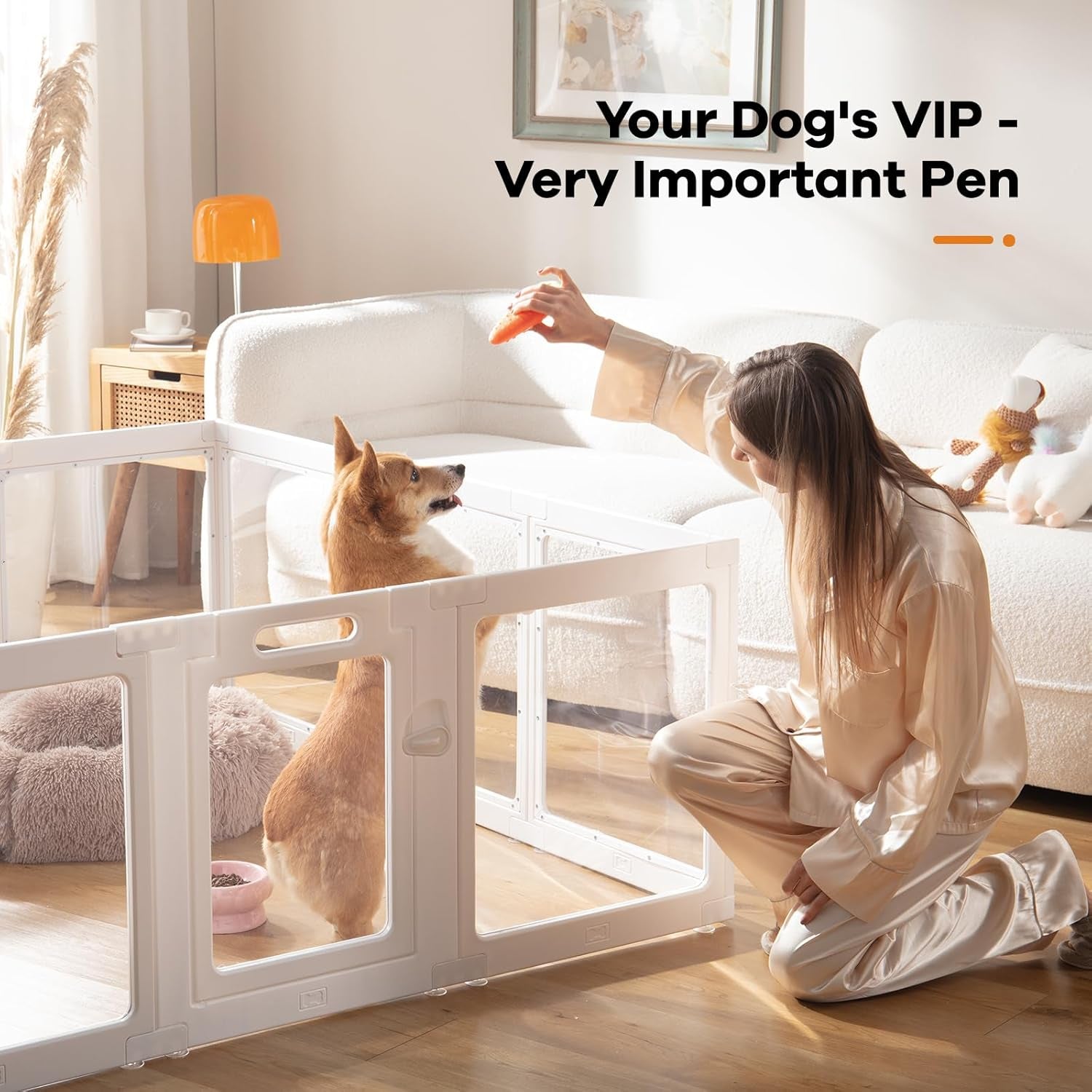 Clear Acrylic Dog Playpen Indoor, Puppy Cat Small Pet Play Pen, Pet Cat Playpen for Rabbits, Dog Fence Crate Kennel Whelping Cage (24", White, 10 Panels)