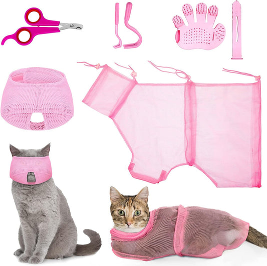 Patelai 5 Pcs Cat Bathing Bag Set Cat Grooming Bag, Pink