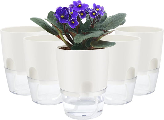 Shineme Self Watering Pots, 5 Pack Self Watering Planters for Indoor Plants, 4.1 Inch Plastic Plant and Flower Pots for African Violets, Herbs, Aloe, Peace Lily with Absorbent Cotton Rope