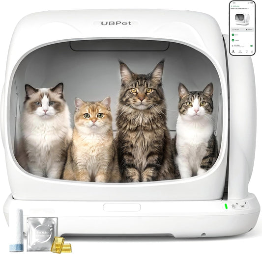 UBPET Automatic Litter Box, 106L Extra Large Self-Cleaning Cat Litter Box for Multiple Cats, Smart App Control, Odor-Control System, Anti-Pinch Safety Design, Includes Waste Bags and Deodorizer Blocks
