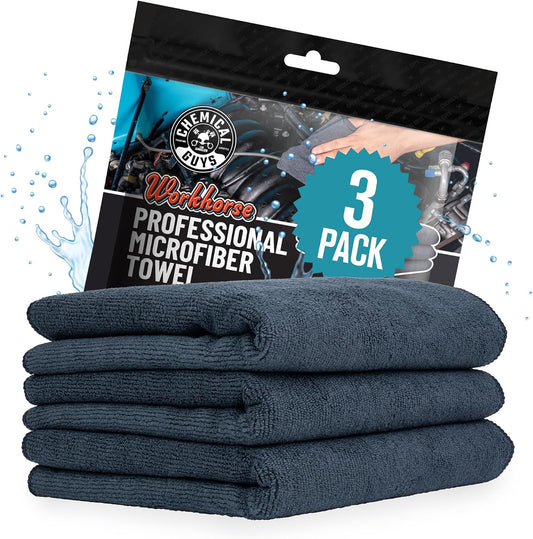 Chemical Guys, Workhorse Plush Microfiber Towels, 16 X 16 In, Black, 3 Pack