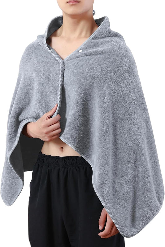 Men’S Wearable Hooded Bath Towel Poncho Soft Absorbent Microfiber Bathrobe Blanket Swimming Towel Cloak Spa Wrap Robe (Grey)