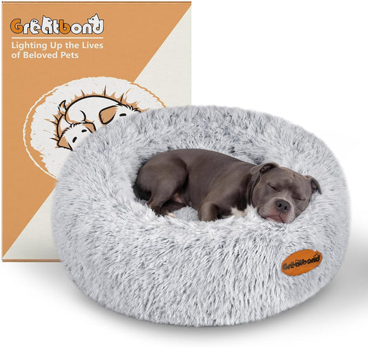 Calming Dog Bed for Medium Size Dogs, 31In Donut Washable Dog Bed with Removable Cover & Foam Filling, Anti-Slip round Cat Bed Indoor Anti-Anxiety Fluffy Plush Fur Bed, Fits up to 60Lbs Pets, Grey