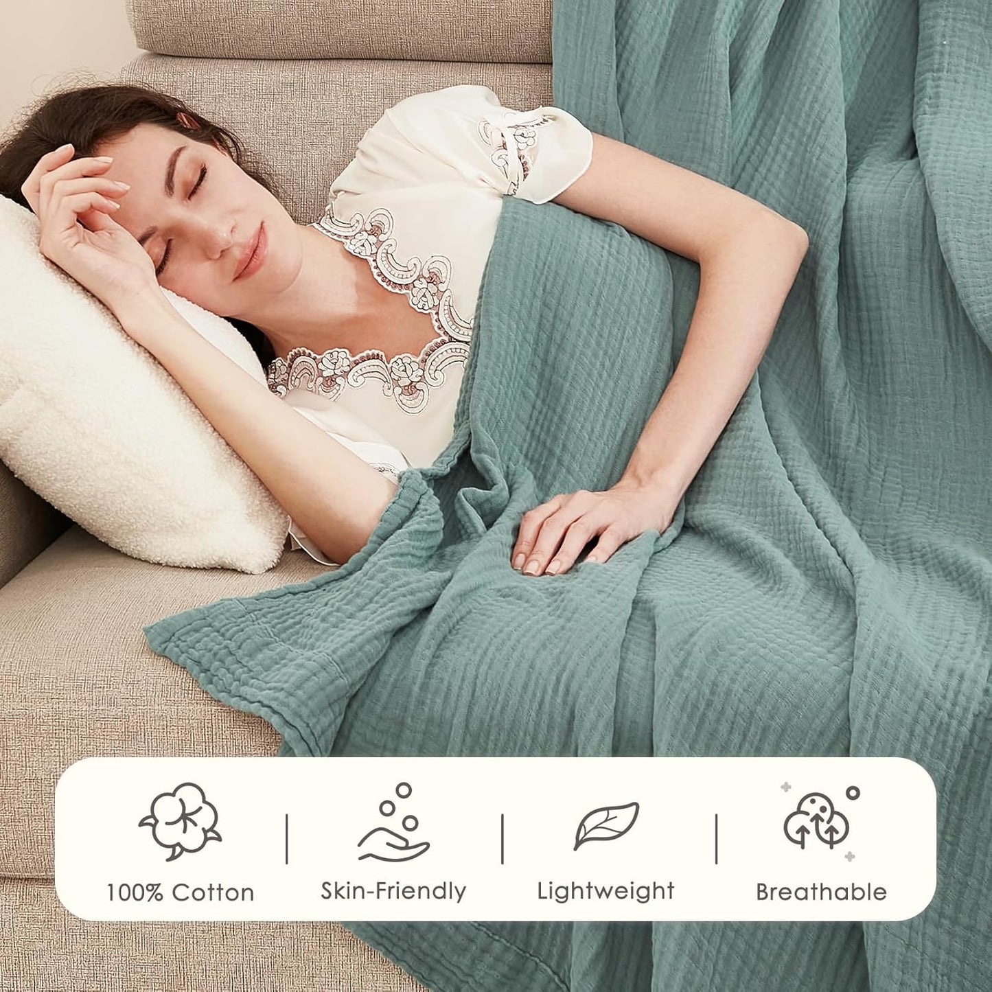 EMME Muslin Throw Blanket 100% Cotton Blankets for Couch Breathable Gauze All Season Soft and Lightweight Pre-Washed (Teal, 50"X70")
