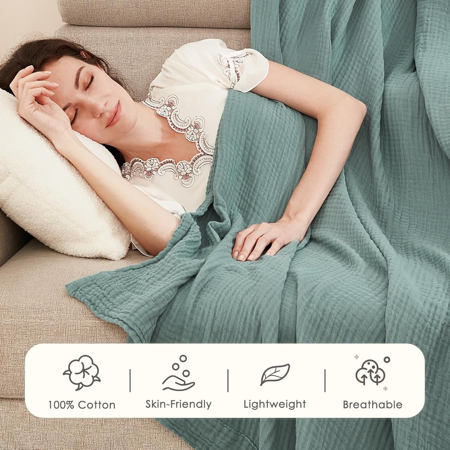 EMME Muslin Throw Blanket 100% Cotton Blankets for Couch Breathable Gauze All Season Soft and Lightweight Pre-Washed (Teal, 50"X70")