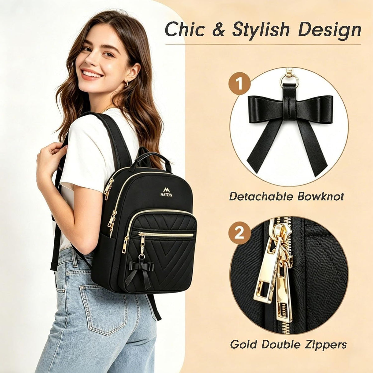 MATEIN Mini Backpack for Women, Stylish Daypack Purse, 2Pcs Sets, Black