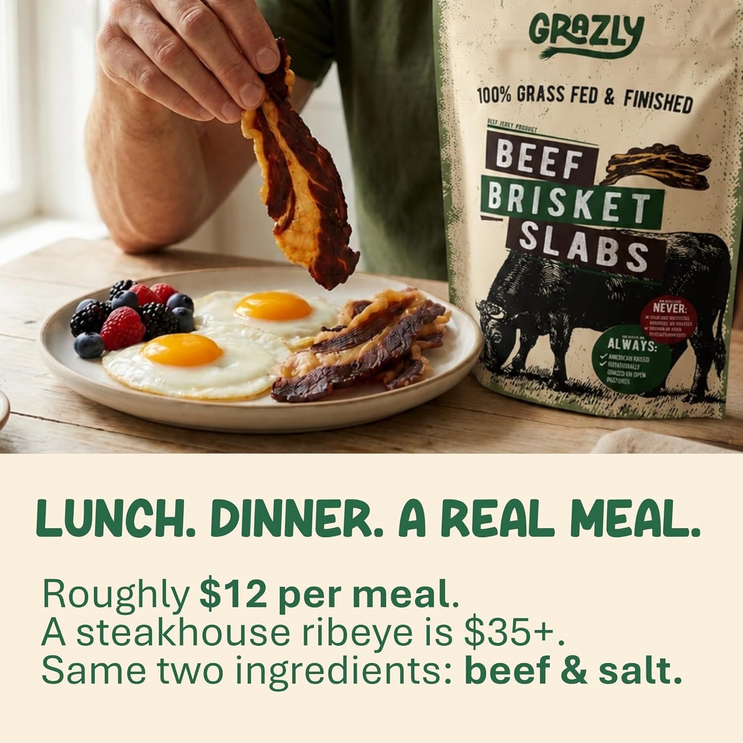 Grazly Beef Brisket Slab – Steakhouse Quality | Grass-Fed & Finished | Only Meat & Salt, Soft & Buttery Texture | High-Protein Carnivore Snack | Made from 1Lb Raw Brisket | 5Oz On-The-Go Snack Pack