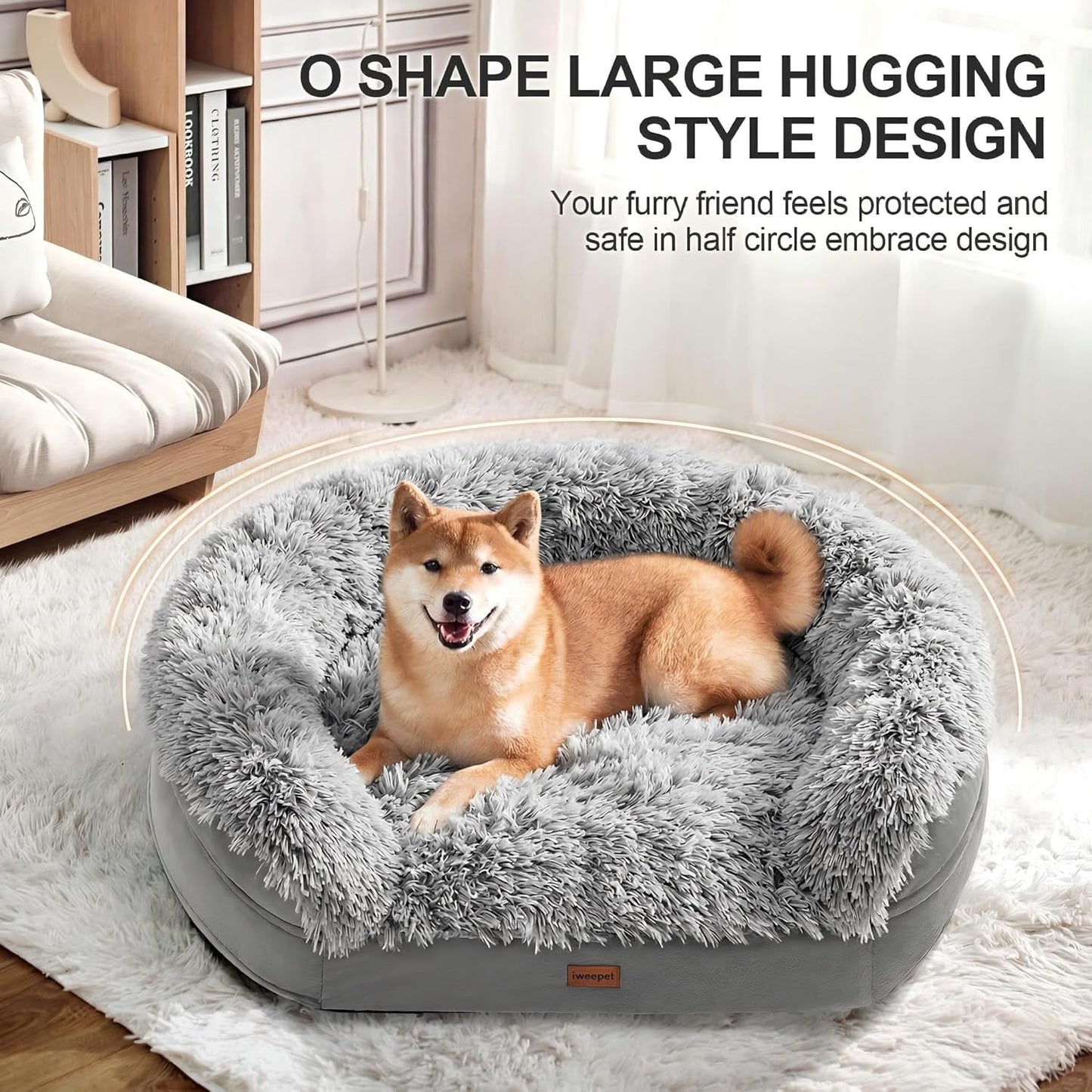 Iweepet 3.7 Inch Thickened Orthopedic Dog Beds for Large & Extra Large Dogs, Fluffy Claiming Dog Sofa Bed with Supportive 28D Egg-Crate Foam, Removable Washable Cover, Waterproof Lining, 44’’,Grey