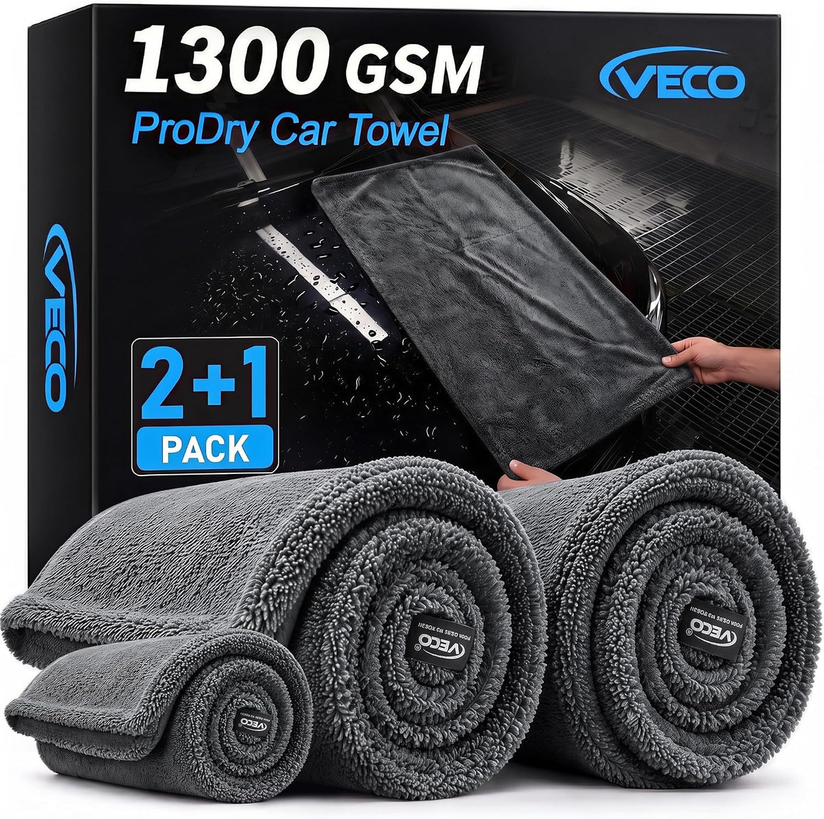 Veco 3-Piece Car Drying Towels, 1300 GSM 70/30 Twist-Loop Microfiber, Gray