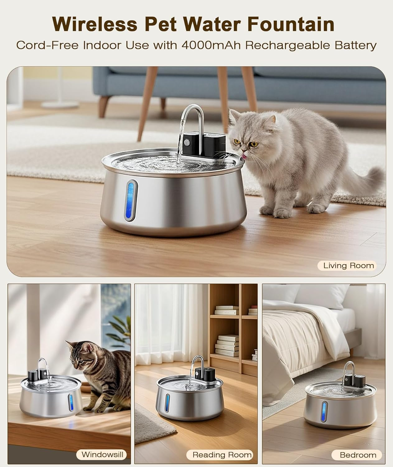 CEESC Cordless Cat Water Fountain Stainless Steel, 4L/135Oz Automatic Pet Water Dispenser with Motion Sensor, Multi-Filtration, Ultra Quiet Pump, Long-Lasting 4000Mah Battery for Indoor Cats & Dogs