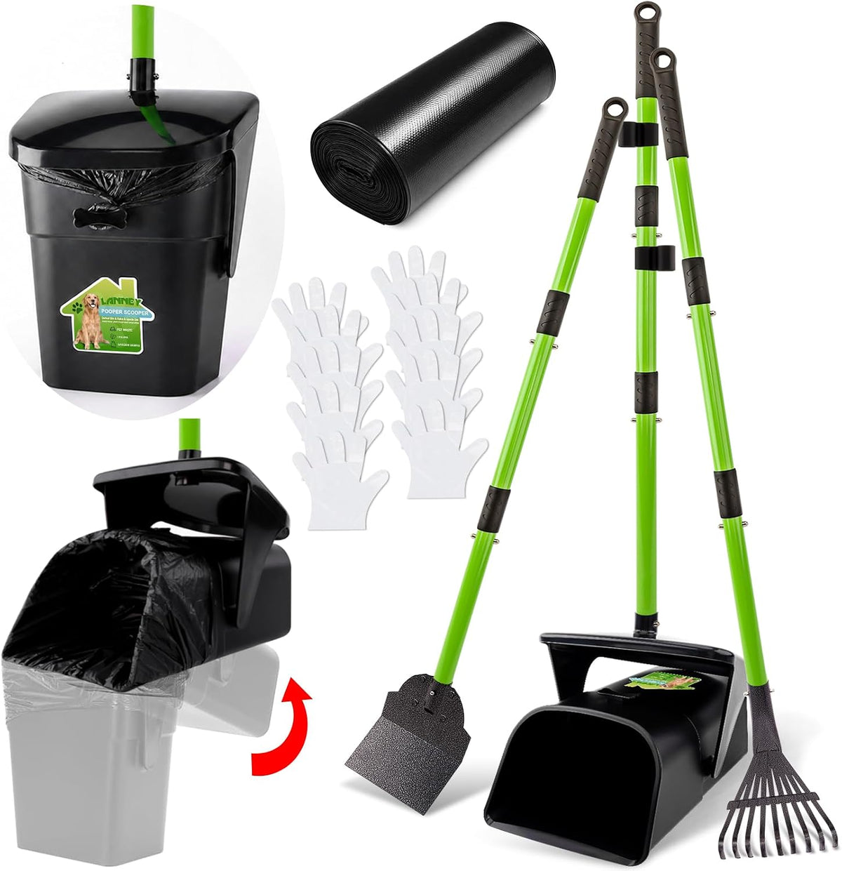 LANNEY Pooper Scooper - 38" Long Adjustable Metal Handle Dog Pooper Scooper Swivel Bin & Rake & Spade with 50 Bags Attachment, Portable Heavy Duty Dog Poop Scooper for Yard Dogs Large Medium Small