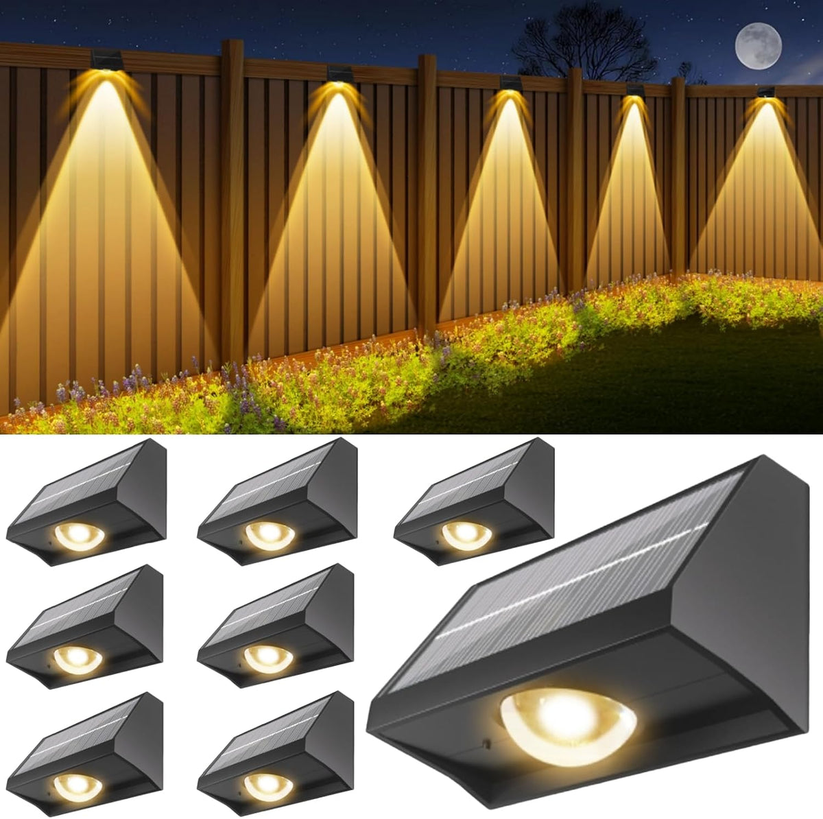 Solar Fence Lights Outdoor Waterproof Warm & Cool White & RGB（8 Pack Black）