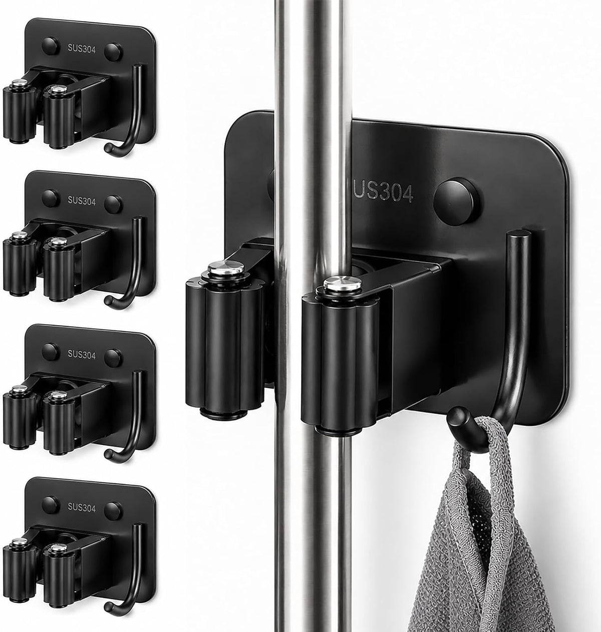 Holy Rose Broom Holder Wall Mount and Mop Hanger with Hooks 4 Pack Black