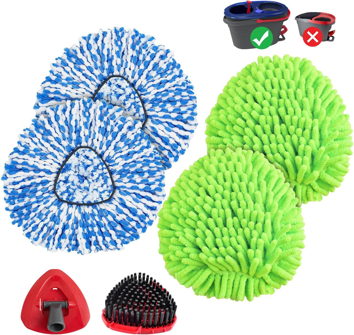 Mop Heads Replacements for Ocedar Easywring Rinseclean 2 Tank Spin Mop Replace Heads for O Cedar 2 Tank Spin Mopping Sets Including 4 Pack Refills, 1 Pack Scrub Brush and 1 Base for All Floors Clean