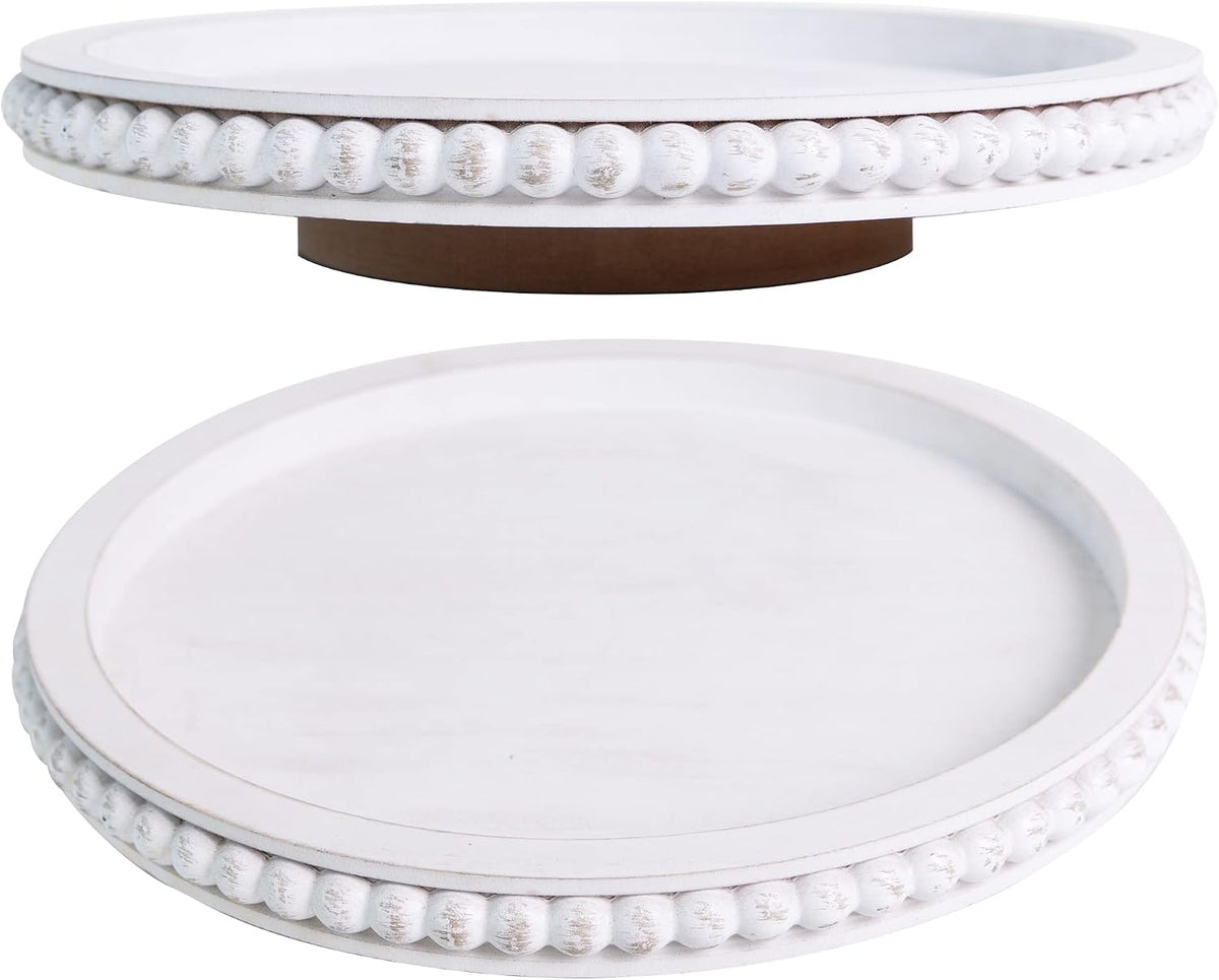 HPC Decor 12Inch Beaded Lazy Susan- Wooden Lazy Susan Organizer for Farmhouse Table Decor, round Turntable for Table Cabinet,Countertop- Kitchen Turntable 360 Degrees Rotating Table Spinning Tray.