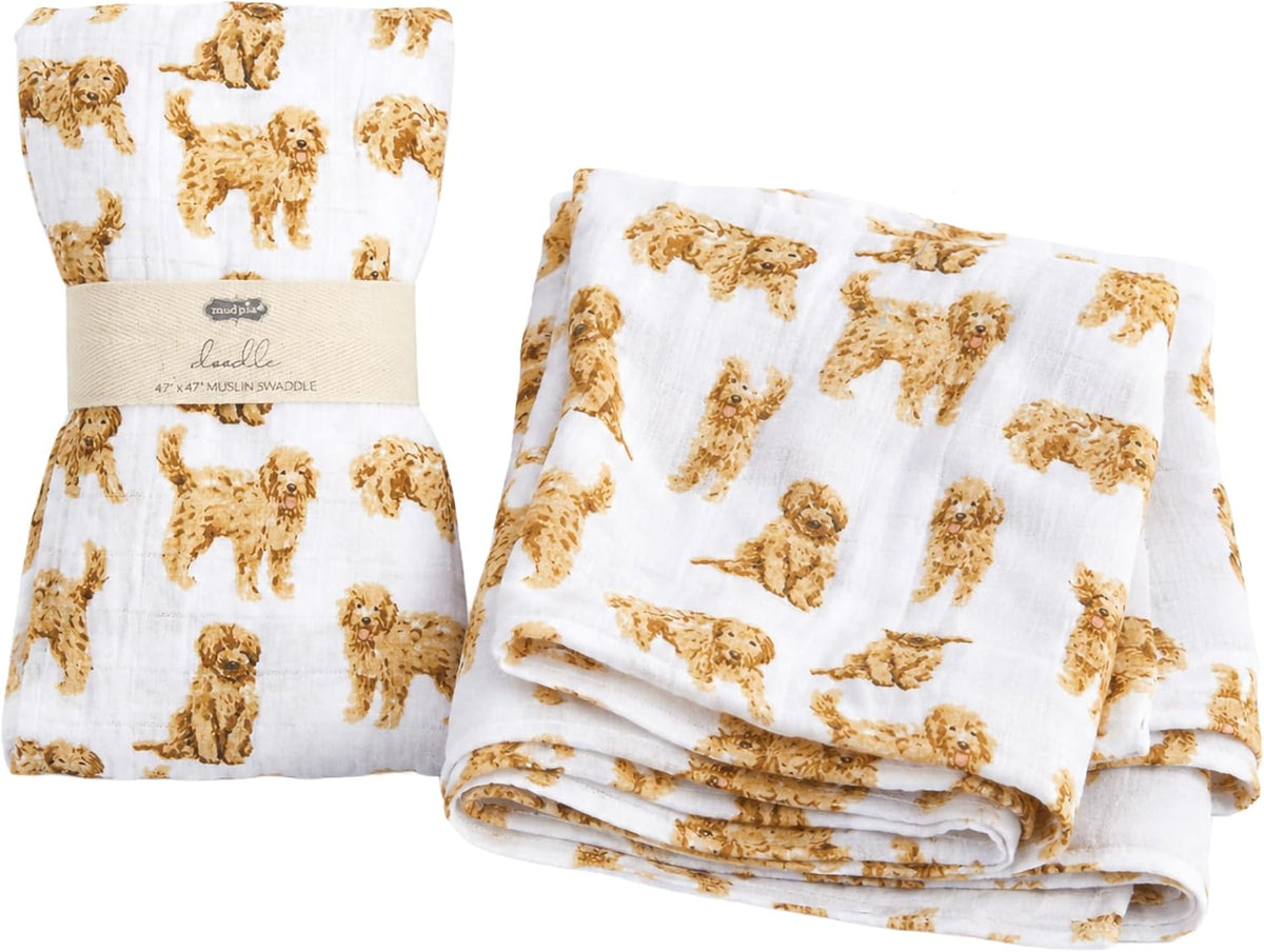 Mud Pie Golden Doodle Muslin Swaddle Blanket, Dog Print, 47 X 47 Inch