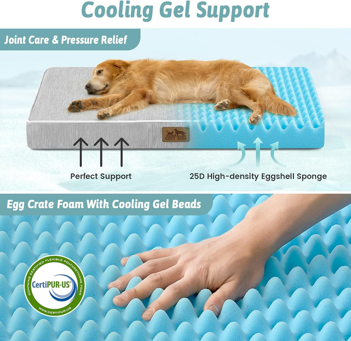 COZY KISS Cooling Orthopedic Dog Bed, Q-Max>0.5, Waterproof Lining, 36X27In
