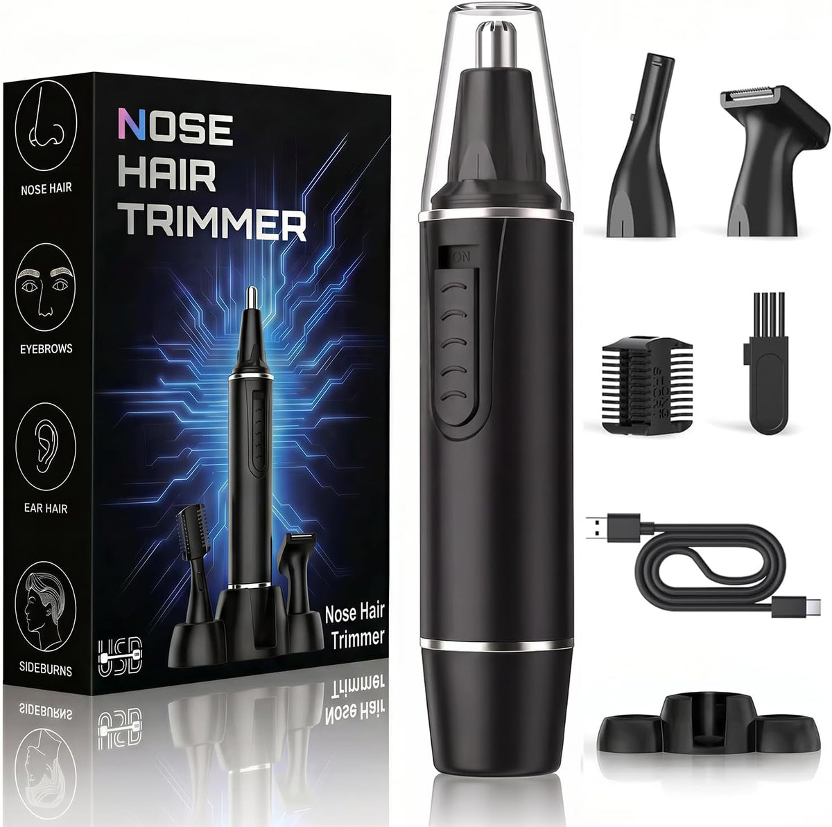 Nose Hair Trimmer for Men,Rechargeable 3-In-1 Professional Painless Eyebrow & Facial Hair Trimmer for Men Women,Multifunctional Trimmer with IPX7 Waterproof,Powerful Motor and Dual-Edge Blades