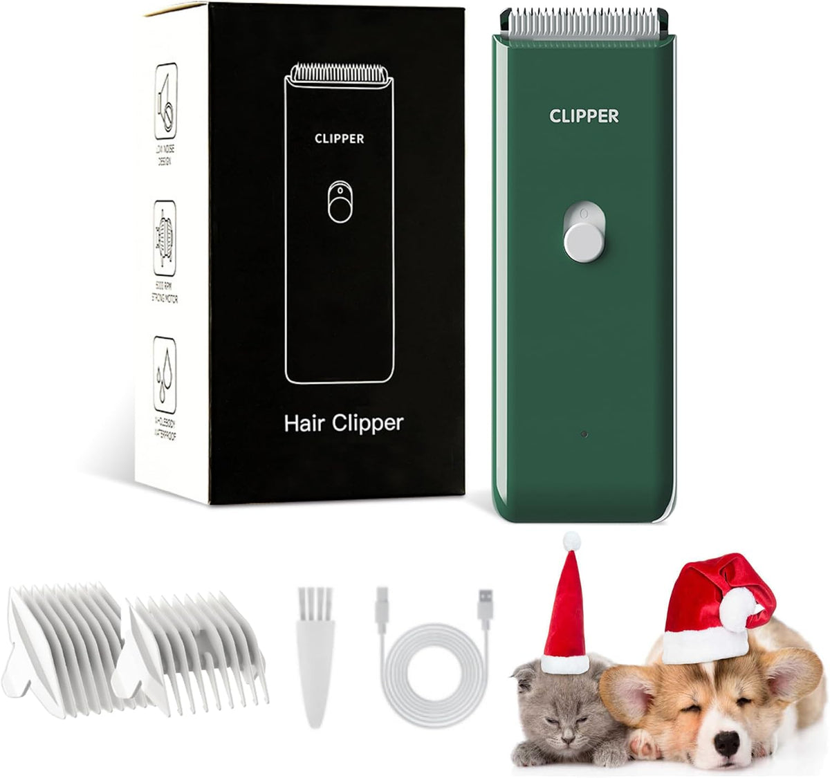 Professional Household Waterproof Low Noise Pet Hair Clippers Electric USB Rechargeable Painless Grooming Tools Hair Grooming Trimmer for Small Medium Dog Cat AP005 Green