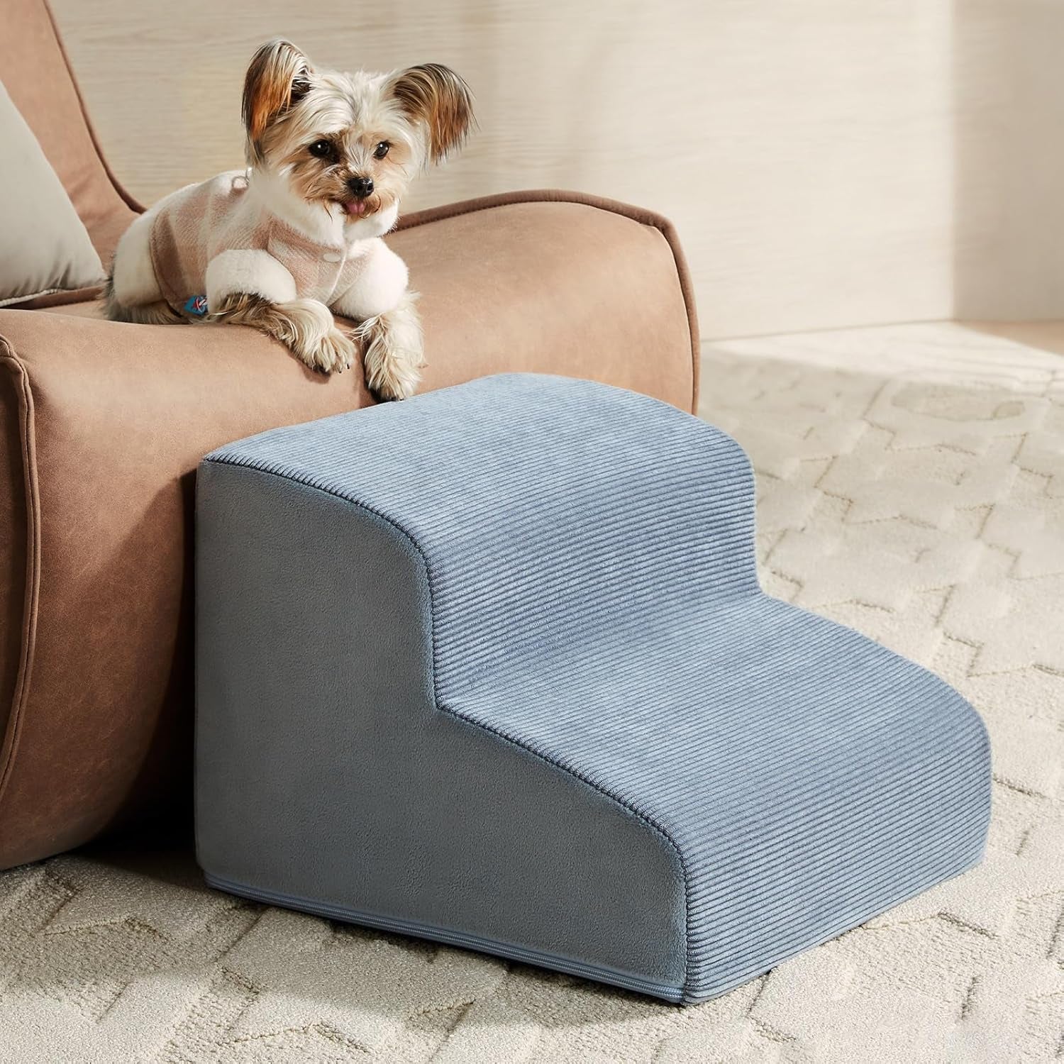 LEXTRO Dog Stairs for Small Dogs, 2-Steps Dog Ramp for Couch, Pet Stairs with Highly Supportive Foam and Non-Slip Bottom, Pet Steps for Cat & Doggie (High 11.8 Inch)