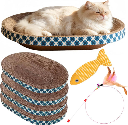 Cat Scratcher Bed with Toys, 4 Pack Oval Cat Scratcher Cardboard, Indoor Cat Scratch Bowl, Large Pad Cat Scratching Board with Catnip Fish Toy & Feather Wand for Furniture Protector L(17.5"X12.6"X3")