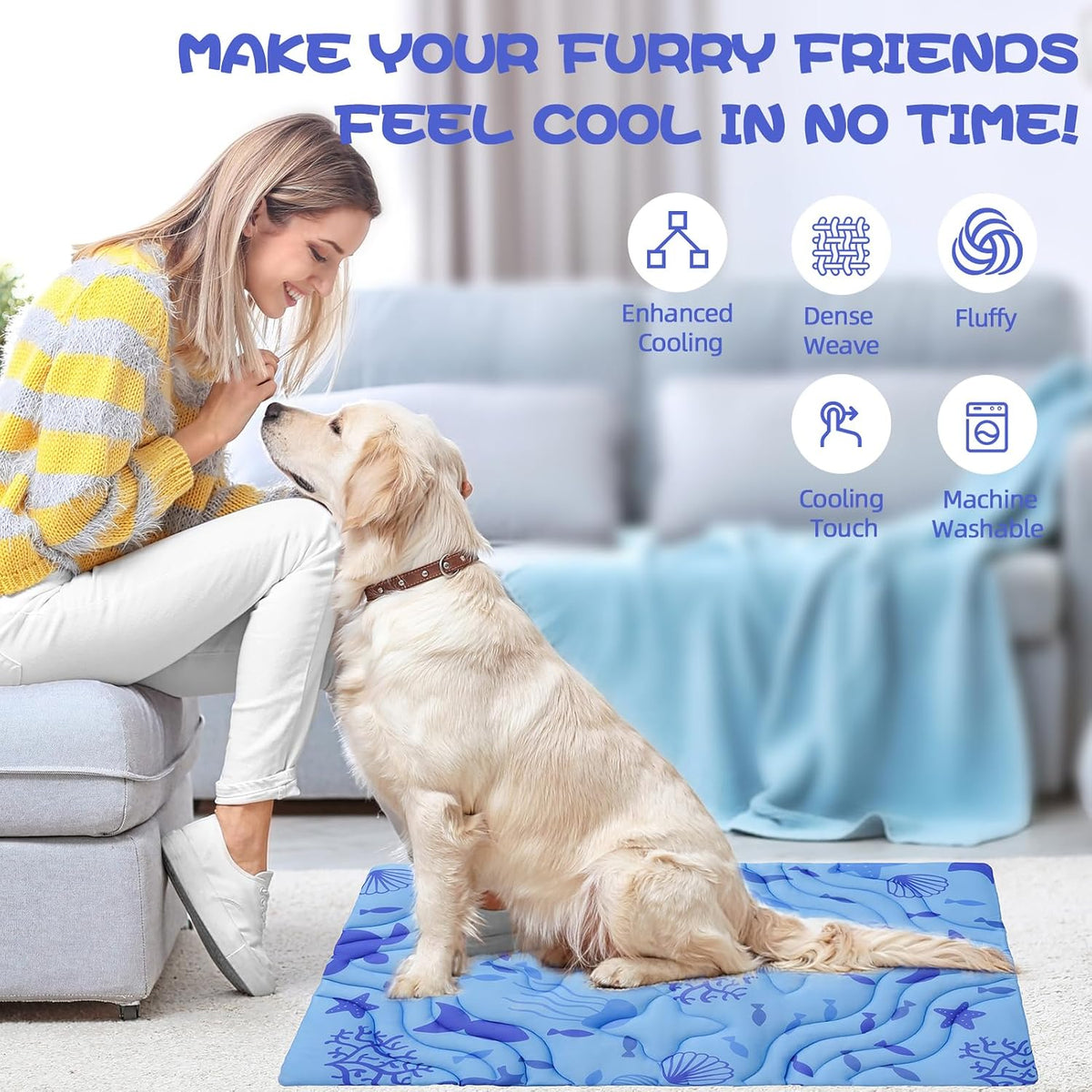 PAWCHIE Summer Dog Cooling Mat, Reversible Self-Cooling Mat for Large Dogs, Washable Pet Ice Cool Pad Blanket, Pet Sleeping Pad for Crate, Bed, Indoor & Outdoor Floor, Car Seats, Blue 48'' X 28''