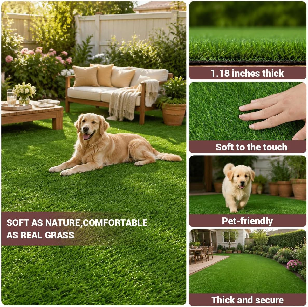 Artificial Grass 4X6 Ft, Fake Grass Turf with Non-Slip TPR Rubber Backing, Indoor Outdoor Grass Mat for Balcony, Patio, Pets, Portable Low Maintenance Lawn Carpet