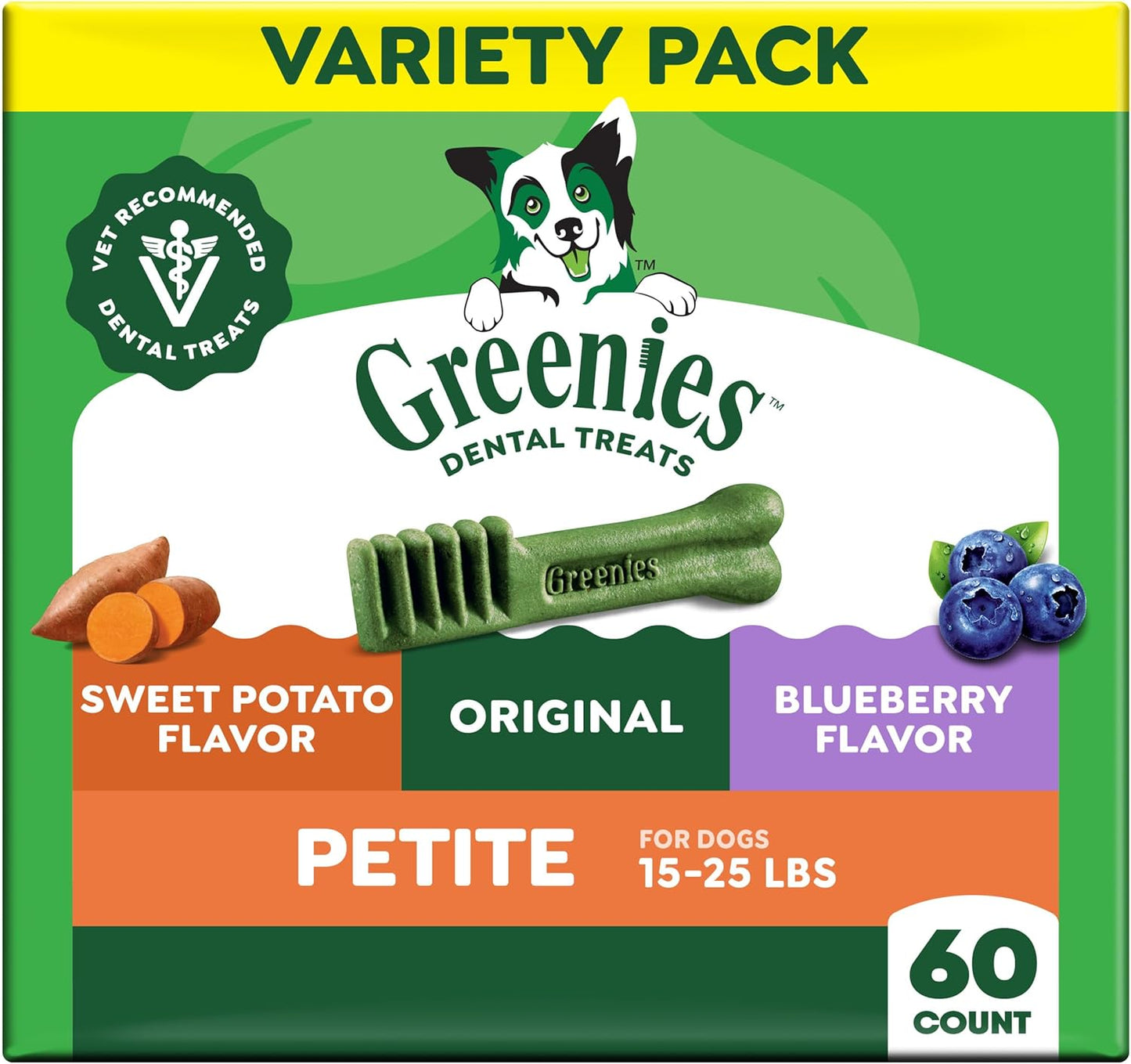 Greenies Veterinarian-Recommended Adult Natural Dental Dog Treats Petite Size, Variety Pack Flavor, (3) 12 Oz. Packs, 60 Count