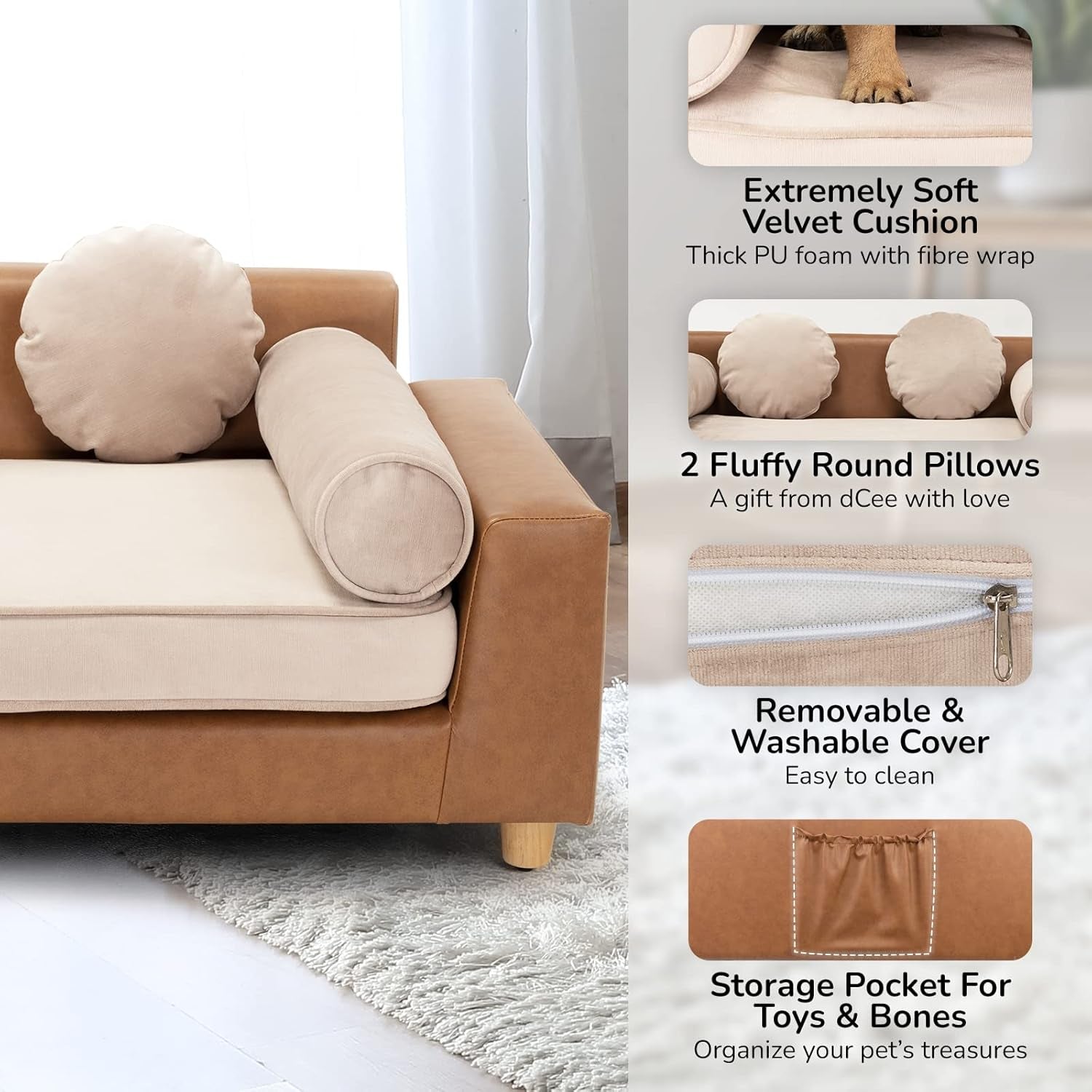 Dcee Luxury Dog Sofa Bed, Luxury 42" Leather Pet Couch for Large Dogs, Washable Velvet Cushion, Sturdy Wooden Frame, Anti-Slip Design, Joint Support, Comfortable and Stylish for Pets up to 160 Lbs