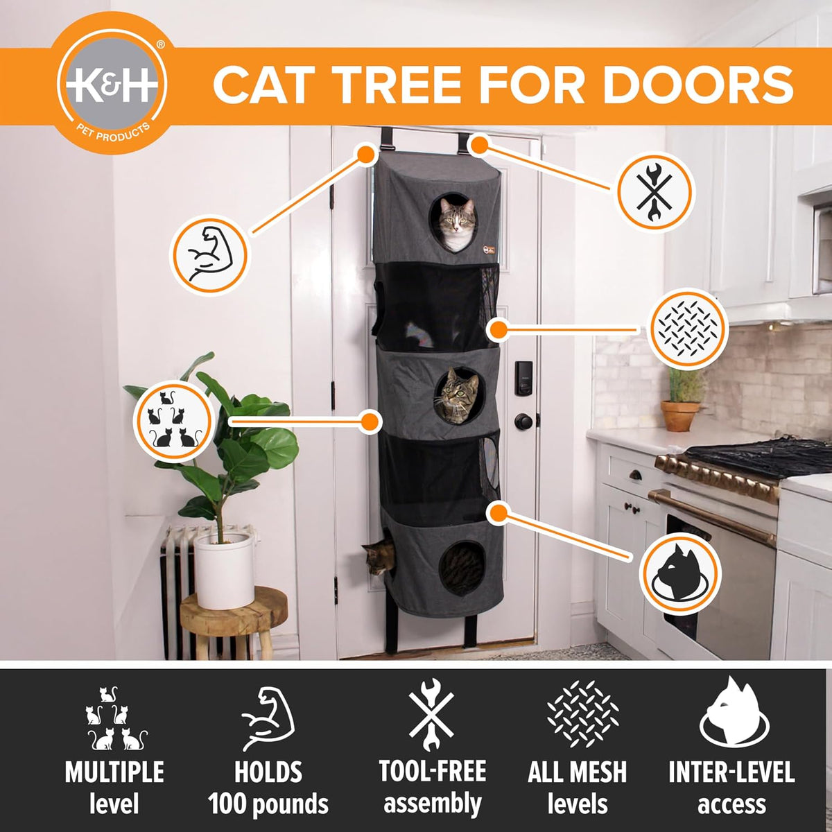K&H Door Cat Tree, Hangin Condo 5 Level Mounted - Gray, Fits Doors <80In H