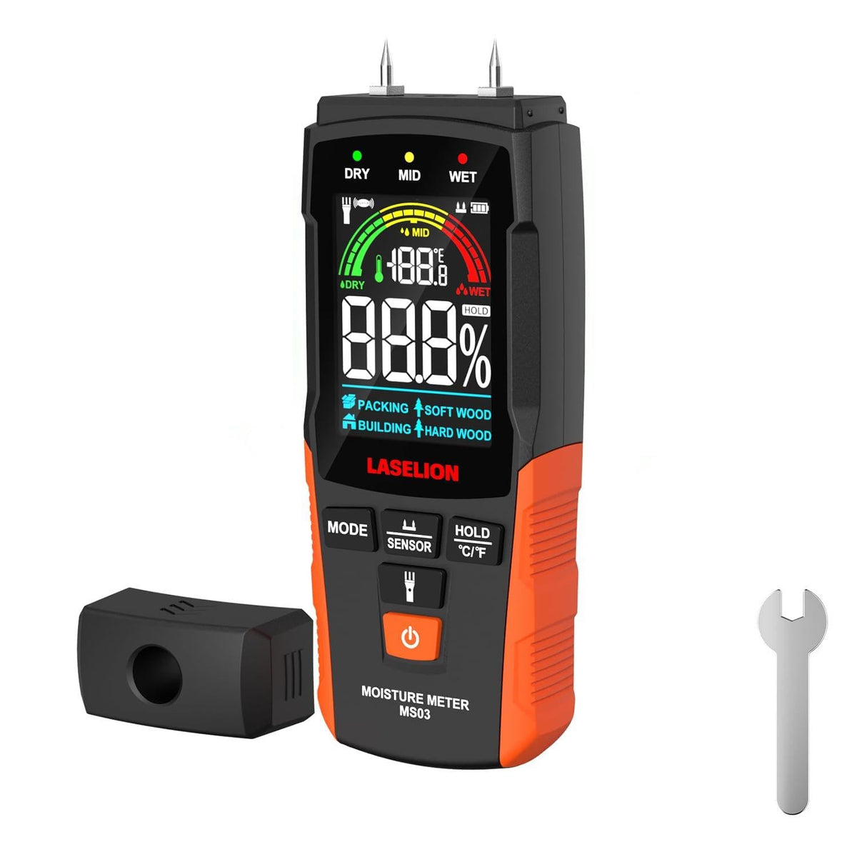 LASELION 2-In-1 Pin & Pinless Moisture Meter MS03 – Accurate Moisture Detection for Wood, Concrete, Drywall, and More – LCD Display with Hold Function, Flashlight, and Auto Power Off