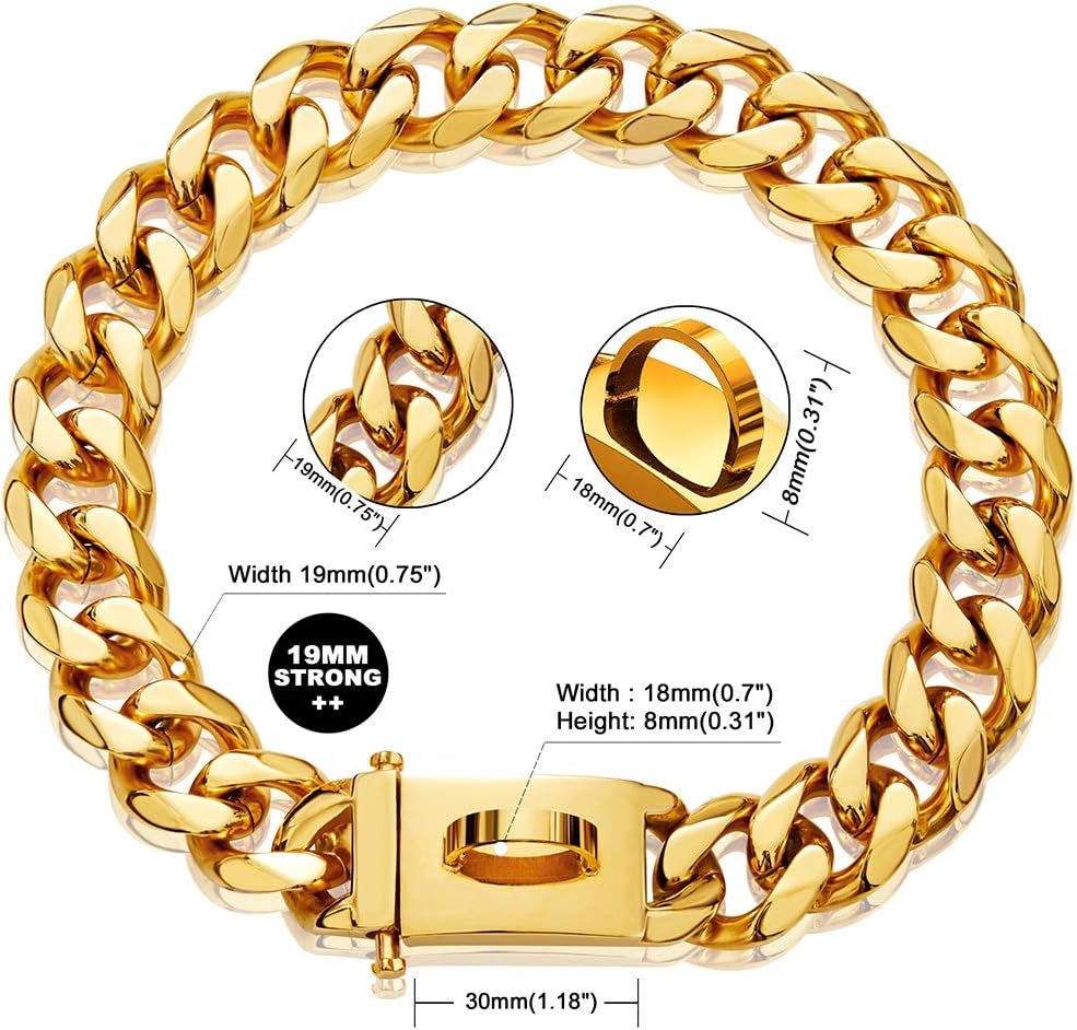 Gold Dog Chain Collar Walking Metal Chain Collar with Design Secure Buckle,18K Cuban Link Strong Heavy Duty Chew Proof for Medium Dogs(19Mm, 18")