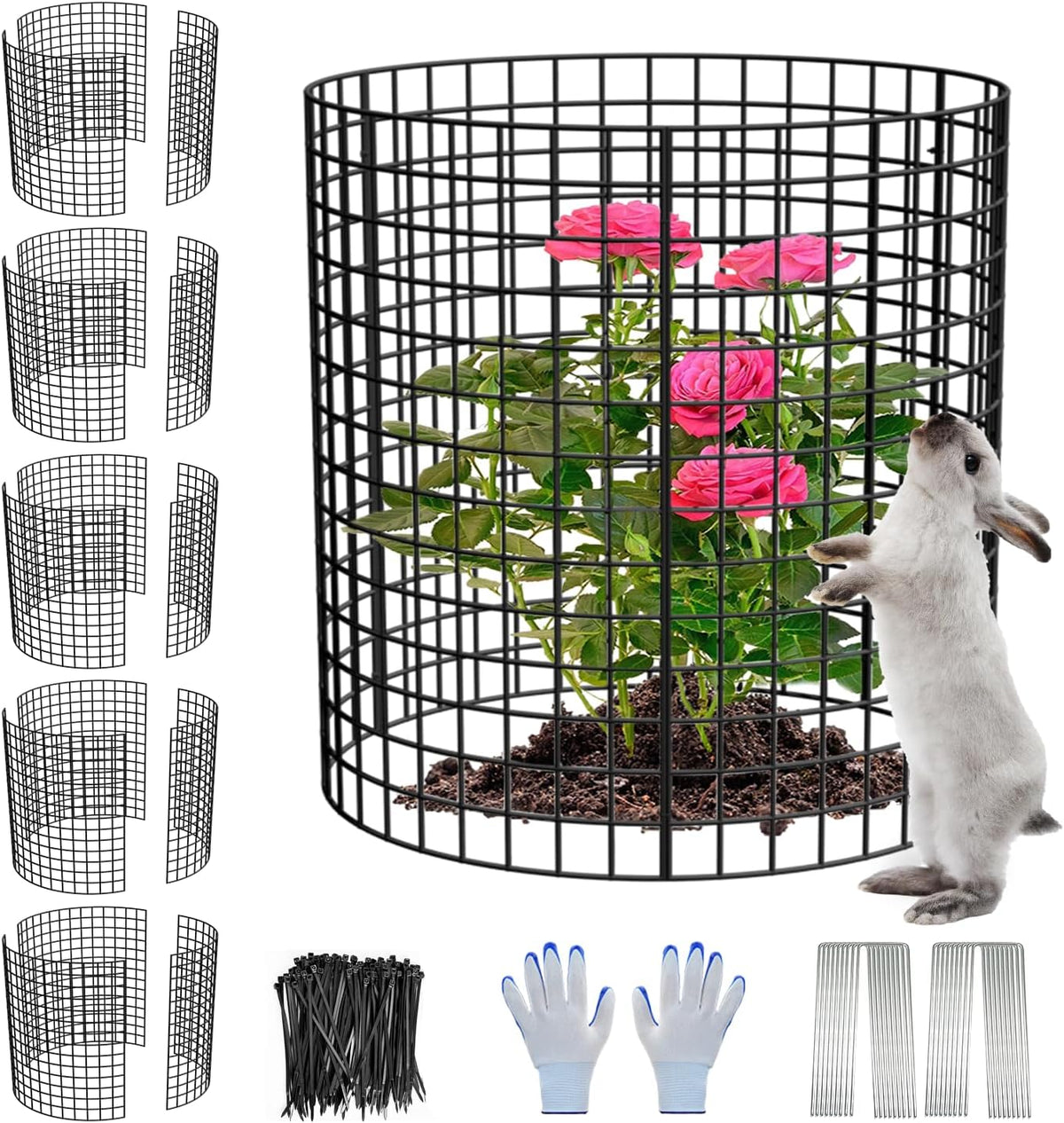 6 Pack Plant Protector from Animals, 13.5" Dia X 14" H Wire Plant Protectors, 18Pcs Pre-Bent Metal Mesh to Keep Animals Out with Zip Ties & Stakes (6 Packs)