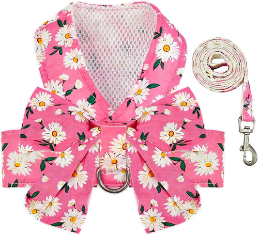 BAEJMJK Dog Harness and Leash Set with Bow Knot No Pull Pet Daisy Floral Harness with D-Ring Soft Mesh Dog Harness Vest Set Escape Proof Princess Puppy Harness for Small Girl Dogs Cats（Pink S）