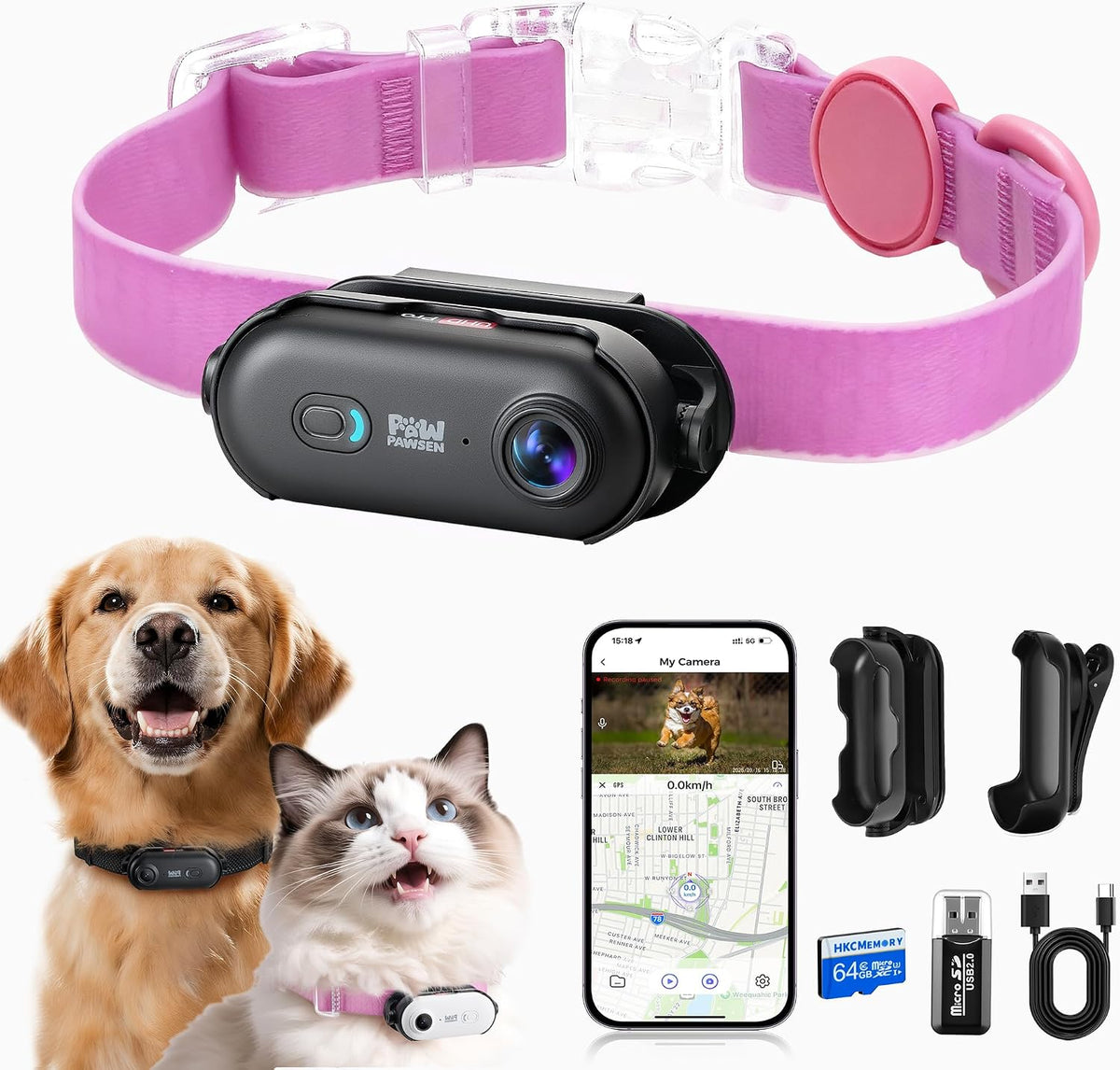 4K UHD Cat& Dog Pet Camera Collar, Video Recorder with Phone App View, Outdoor & Indoor POV Action Cam for Kitty and Big Cats(Black - Pink Waterproof Collar - S, 64G)