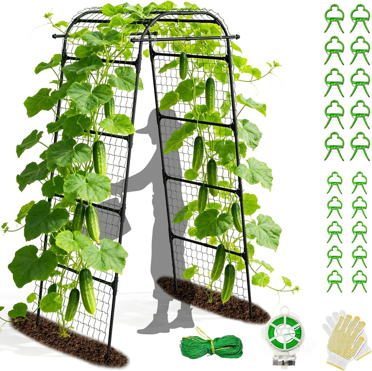 7.2FT Garden Arch Trellis for Climbing Plants, Heavy Duty Walk-Through Metal Arch with Netting, Wind-Resistant Vertical Garden Support for Cucumbers, Roses, Beans, Squash