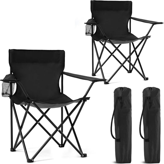 2 Pack Portable Camping Chairs Folding Lawn Chair Outdoor Lightweight Beach Chair with Cup Holder & Carry Bag for outside Sports, Fishing, Hiking, Travel, Picnic, Backyard (Black-Dark)