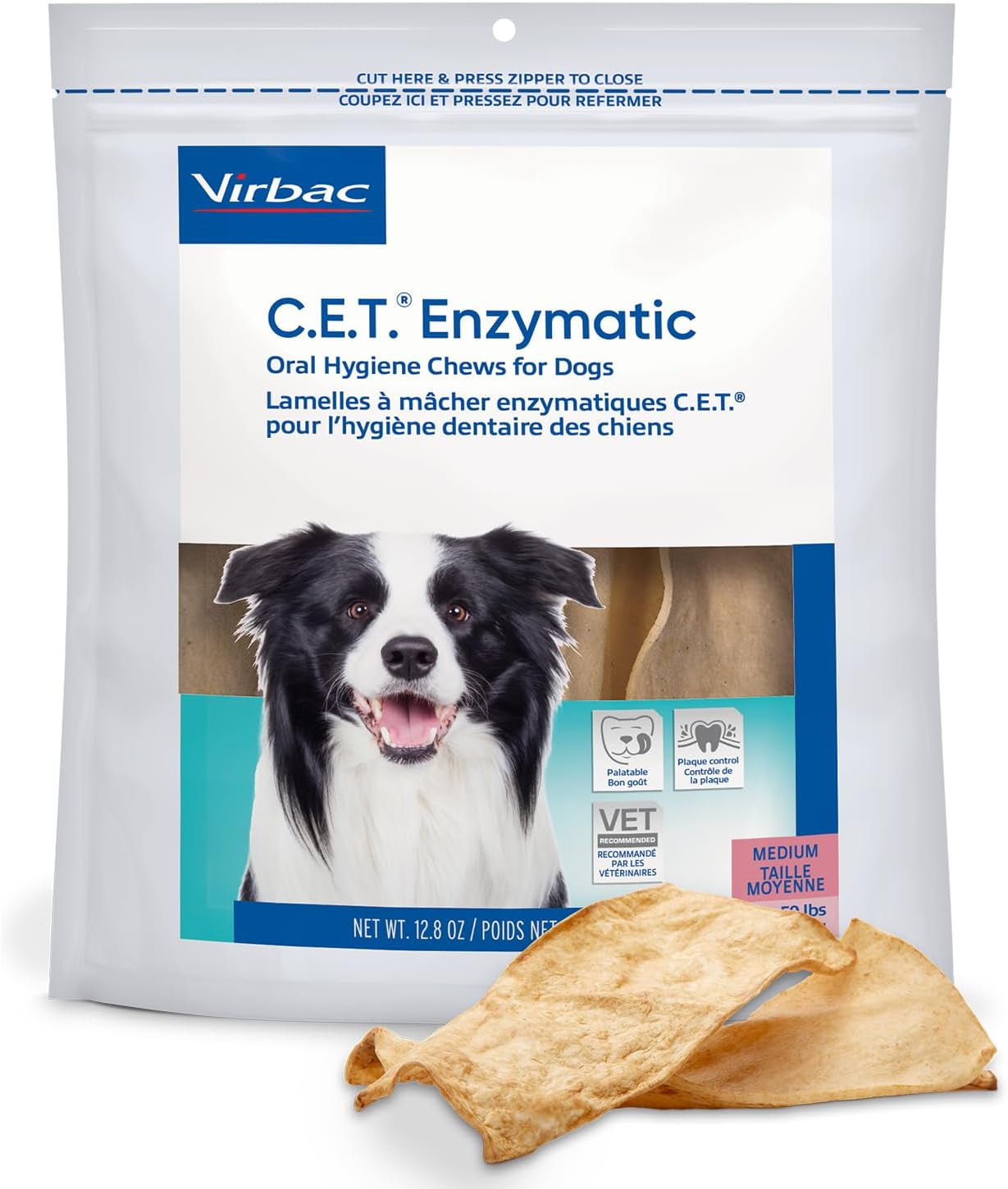 Virbac C.E.T.® Enzymatic Oral Hygiene Chews for Dogs, Medium - Plaque & Tartar Control - Single Layer Beefhide with Exclusive Dual-Enzyme System & Tasty Chicken Flavor - Easy to Give Dog Dental Chew