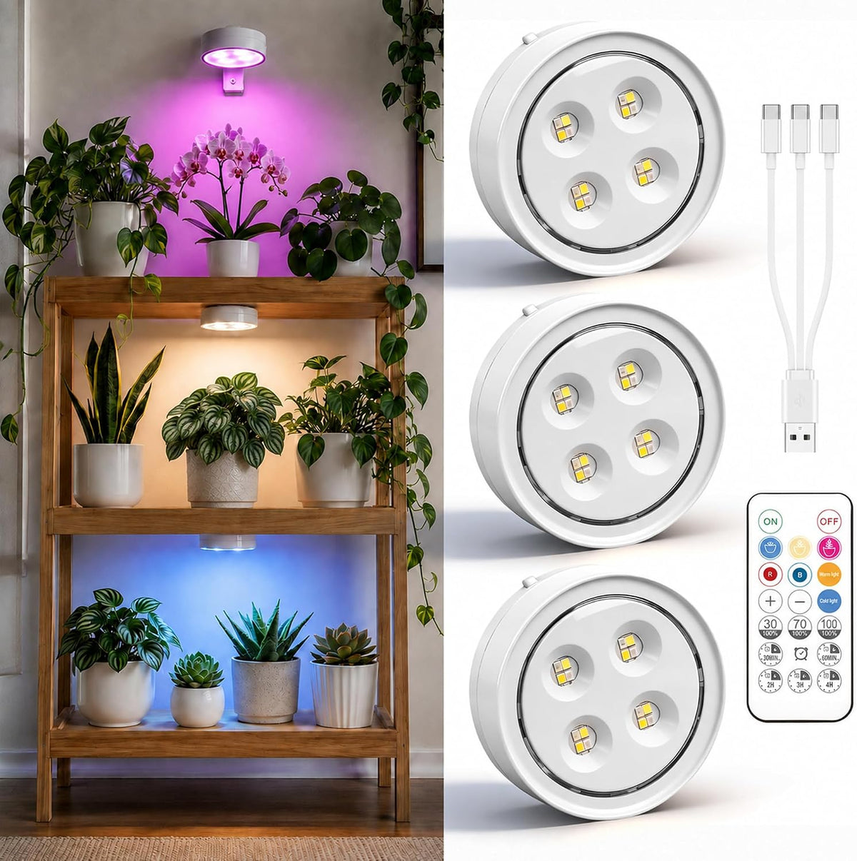 3 Pack Rechargeable Grow Light for Indoor Plants, Magnetic Plant Lights