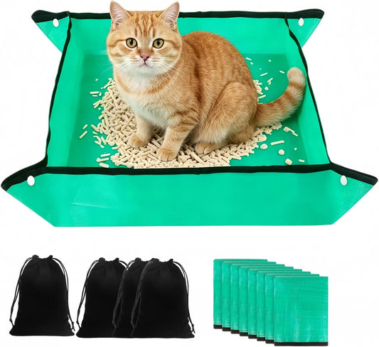 8 Pcs Portable Travel Litter Box for Cats, 26X26 Inch Foldable Packable Waterproof Disposable Cat Litter Box with 4 Storage Bags for Car Travel Plane Van Camping Hotel (Green)