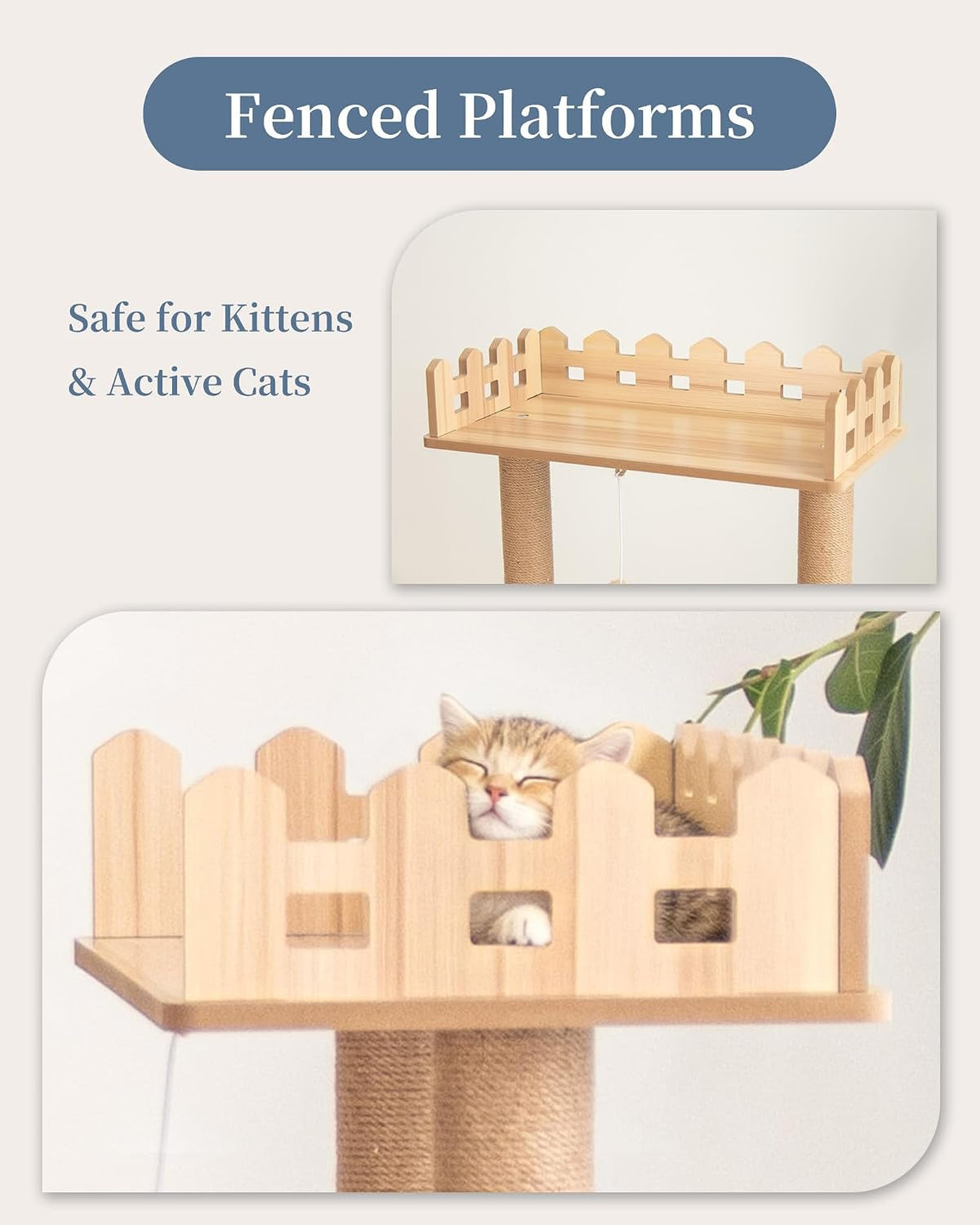 Wood Cat Tree for Indoor Cats, 49 Inch Cats Furniture Tower with Large Platforms, Full Sisal Scratching Posts, Water Proof Surface